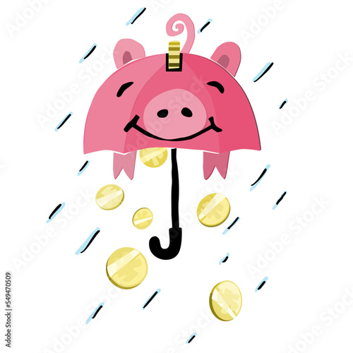 Piggy bank umbrella with coins falling, for the concept of saving for a rainy day. Saving money vector illustration.
