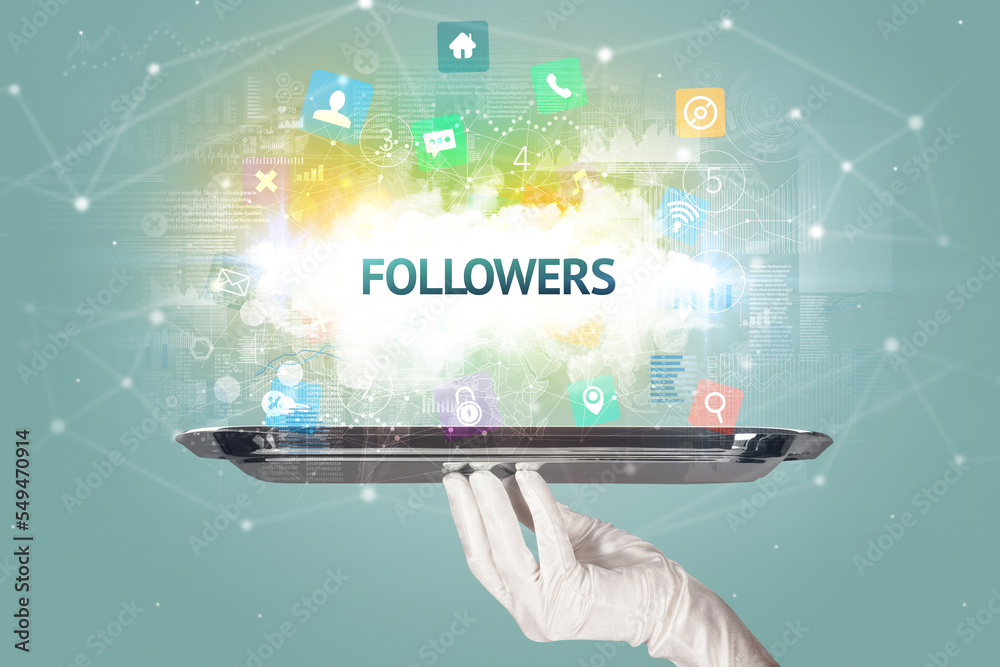 Waiter serving social networking concept Waiter serving social networking concept