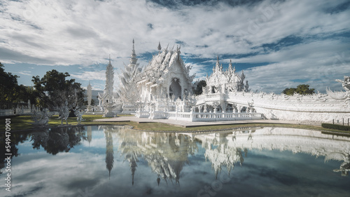 Panoramic view of Wat Rong Khun, White Buddhist Temple, Chiang Rai Province, Thailand