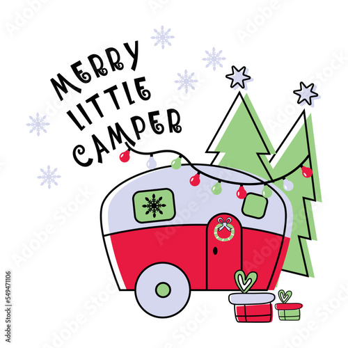 Christmas camper with christmas tree. Cute vintage vector illustration. Travel trailer in Winter bunner. Christmas element for posters, card..