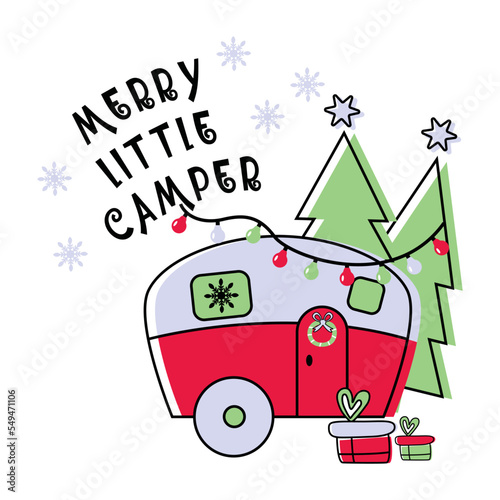Christmas camper with christmas tree. Cute vintage vector illustration. Travel trailer in Winter bunner. Christmas element for  posters, card..