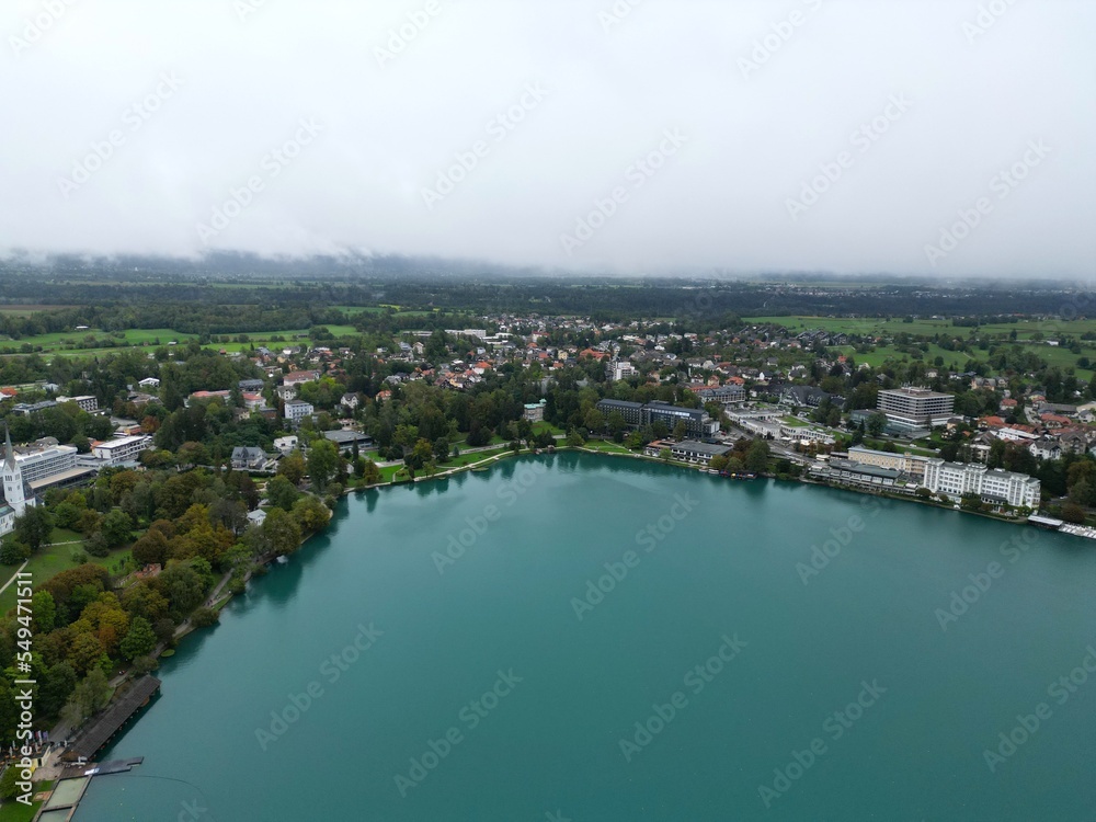 Bled town Slovenia drone aerial view.