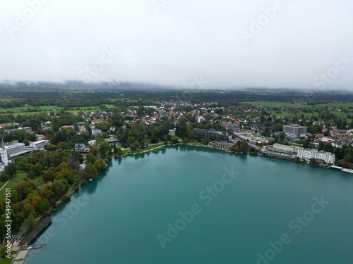  Bled town Slovenia drone aerial view.