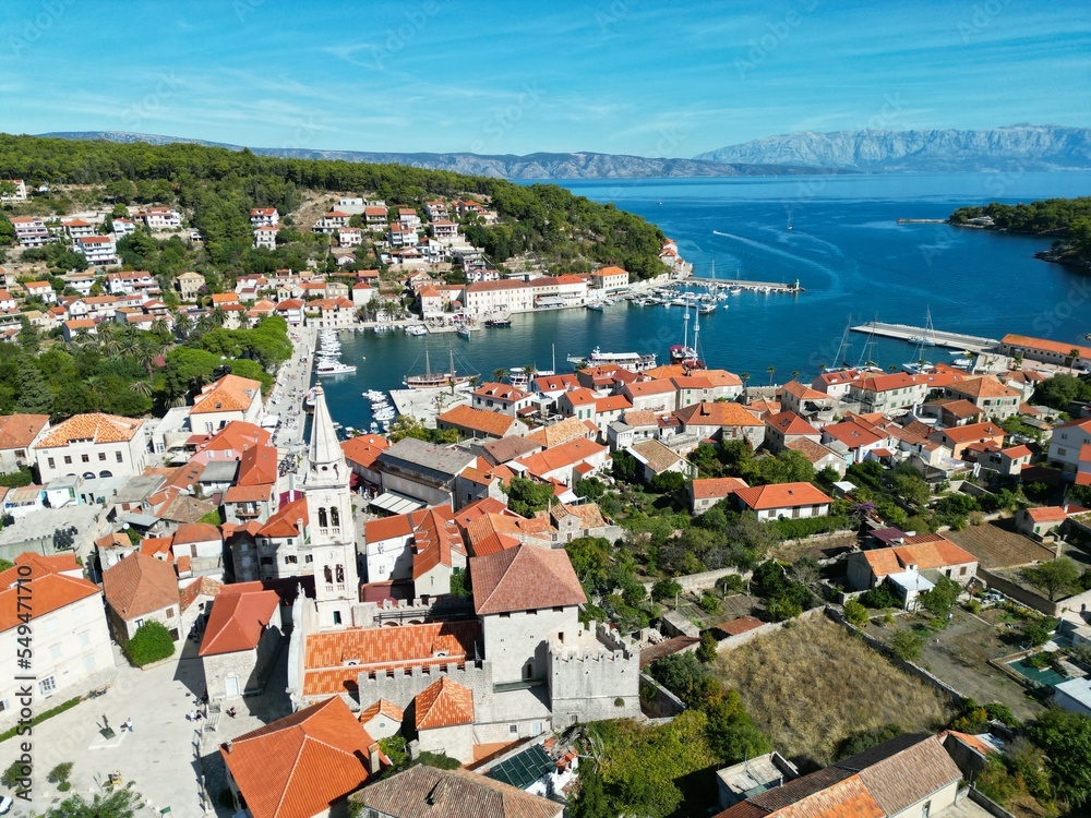 Jelsa Croatia town on Hvar drone aerial view