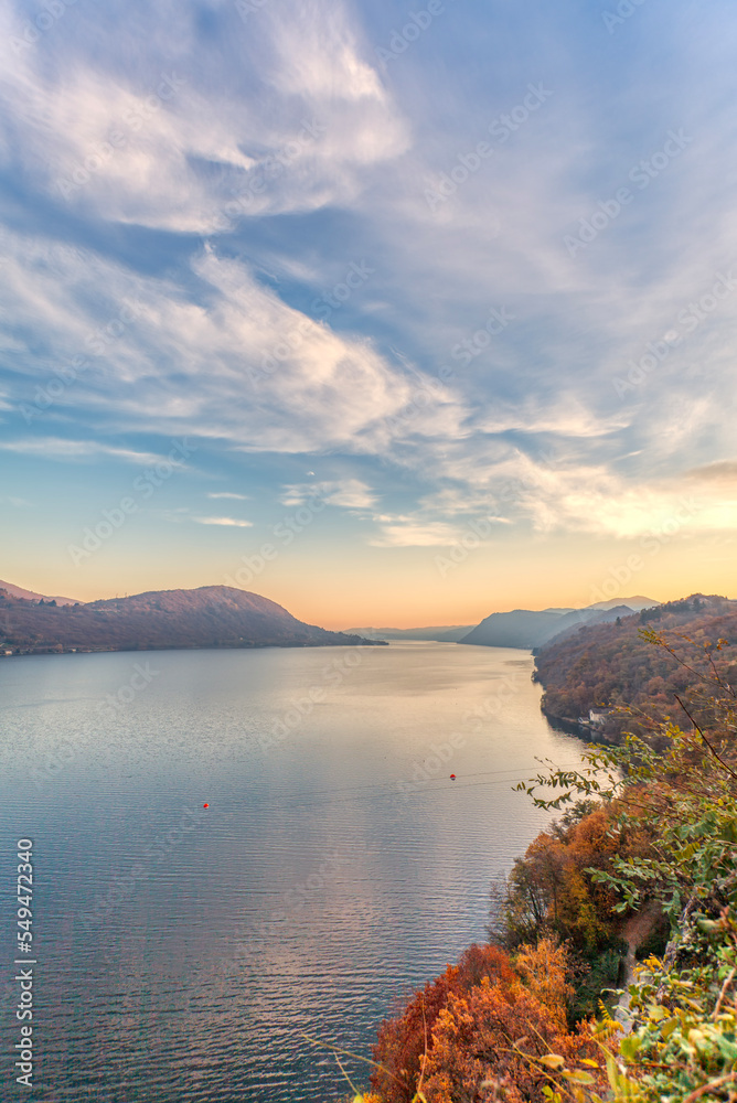 Winter sunset panorama over the Orta Lake, small glacier lake of Northern Italy (Piedmont, Novara Province) UNESCO site.