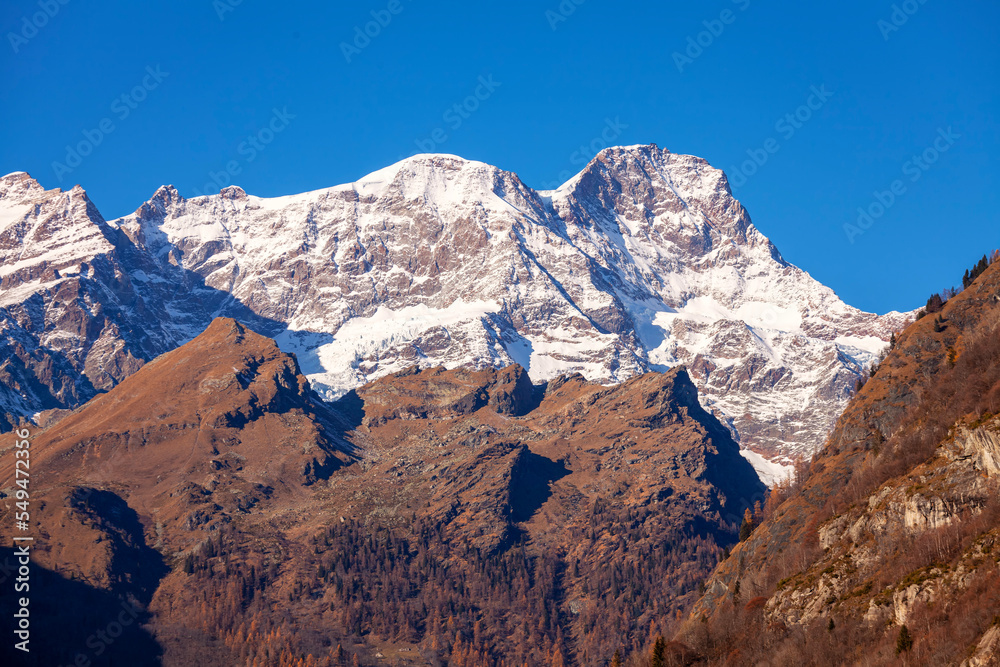 View of the Rosa Massif peaks, covered by ice and snow (Piedmont, Northern Italy, Vercelli Province), is the 2nd highest mountain of Europe, after the White Mountain and the highest of Switzerland (No