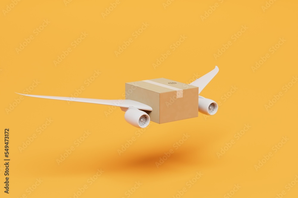enough parcels by plane. parcel with the wings of the aircraft on an orange  background. 3D render Illustration Stock | Adobe Stock