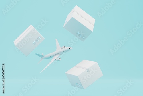 International delivery of parcels by plane. an airplane and parcels flying on a blue background. 3D render