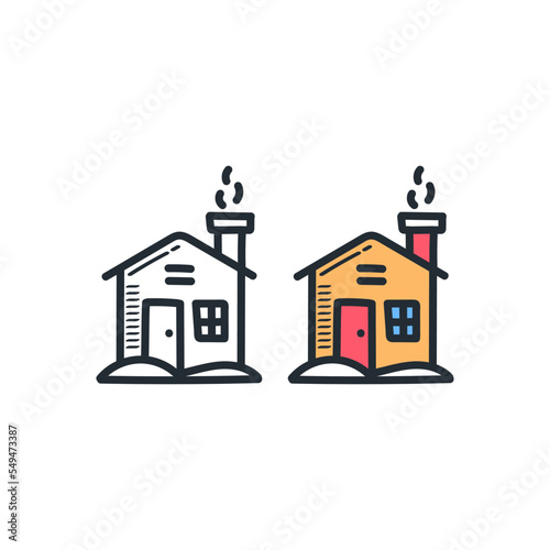 Winter house icon doodle outline color drawing vector illustration