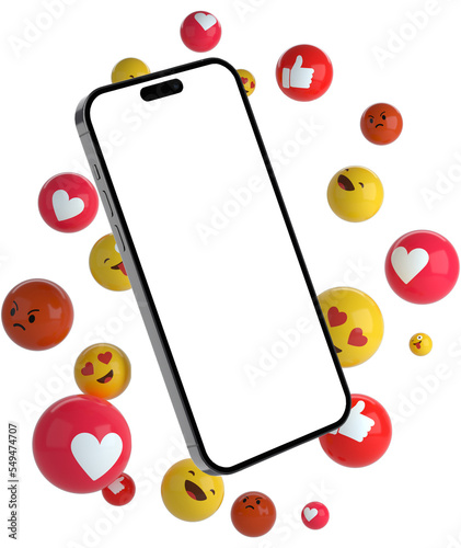 smart phone included with social media emojis created for mockups with blank screen on isolated empty screen