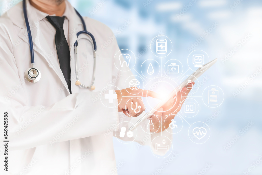 Medicine doctor and robotics research and analysis. Diagnose checking coronavirus or covid-19 using digital screens in laboratory, Medicine doctor and robotics research and analysis. Diagnose checking coronavirus or covid-19 using digital screens in laboratory,