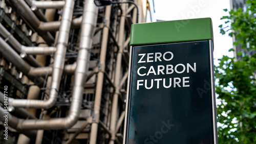 Zero Carbon Future on a sign in front of an Industrial building photo