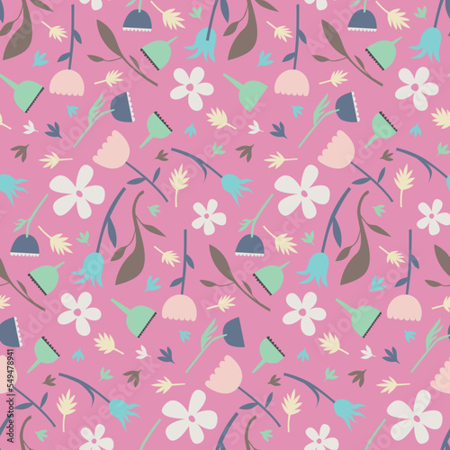 Medium scale stylised floral scattered repeat pattern on a pink background