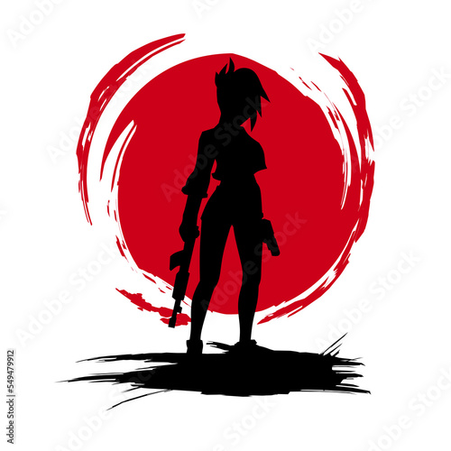 Gun woman hero t-shirt colorful design. Abstract vector illustration.