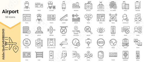 Simple Outline Set of Airport icons. Linear style icons pack. Vector illustration