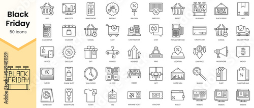 Simple Outline Set of Black Friday icons. Linear style icons pack. Vector illustration