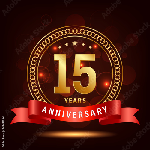 15th Anniversary Logo Design. Golden number 15 with sparkling confetti and ribbon, Vector Template Illustration