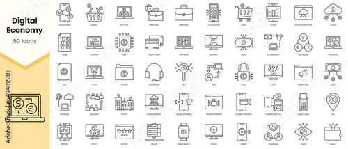 Simple Outline Set of Digital Economy icons. Linear style icons pack. Vector illustration