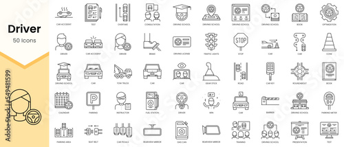 Simple Outline Set of Driver icons. Linear style icons pack. Vector illustration