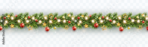 Border with green fir branches, gold stars, red balls, lights isolated on transparent background. Pine, xmas evergreen plants seamless banner. Vector Christmas tree garland decoration