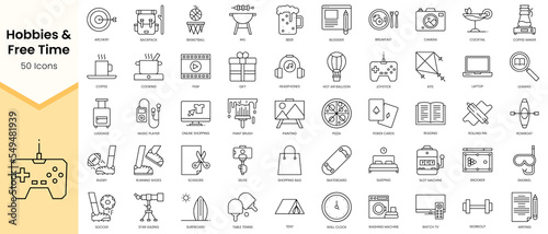 Simple Outline Set of Hobbies and Free Time icons. Linear style icons pack. Vector illustration