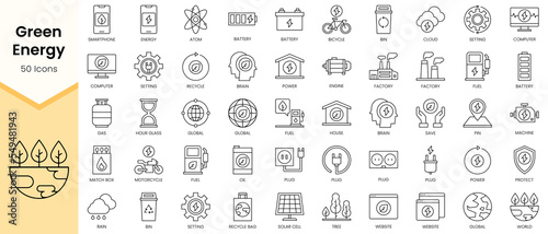 Simple Outline Set of Green Energy icons. Linear style icons pack. Vector illustration