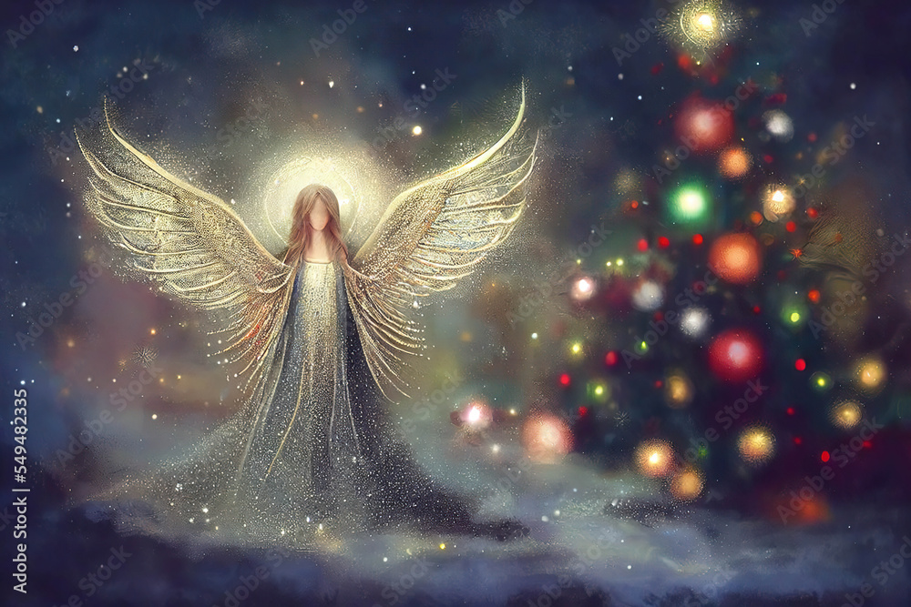 Beautiful angel near the Christmas tree on snow, starry night sky, painting style, AI generated