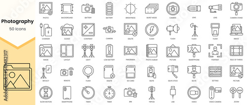 Simple Outline Set of Photography icons. Linear style icons pack. Vector illustration