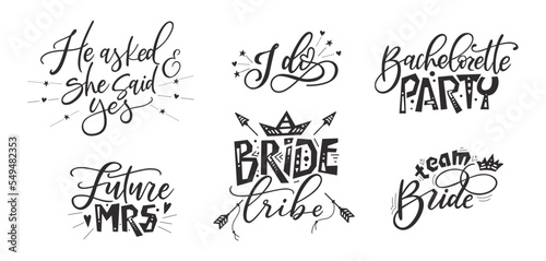 Bride tribe hand drawn lettering quote. Wedding inspiration calligraphy crd isolated on white background. Typography romantic bohemian poster. Vector invitation illustration