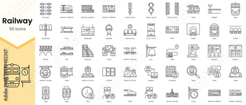 Simple Outline Set of Railway icons. Linear style icons pack. Vector illustration