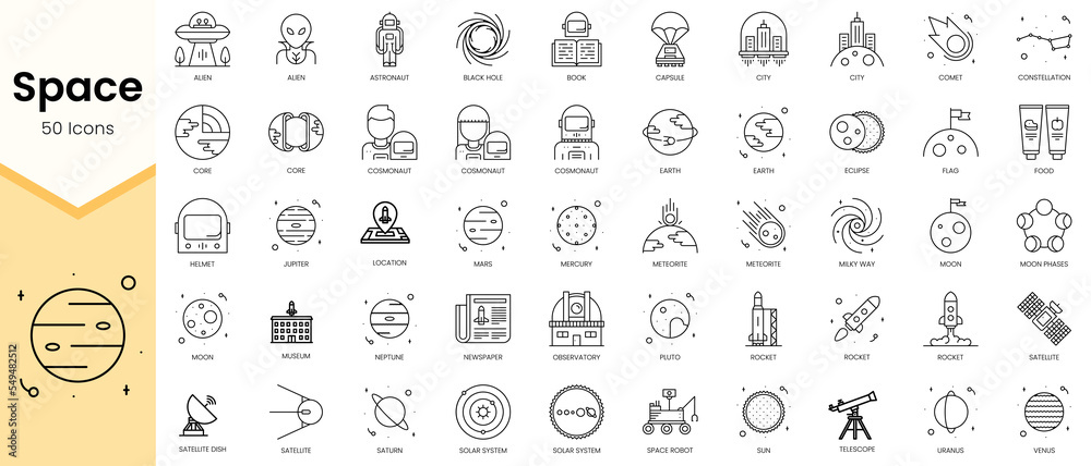 Simple Outline Set of Space icons. Linear style icons pack. Vector illustration