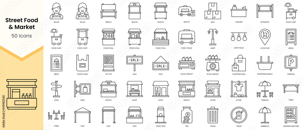 Simple Outline Set of Street Food and Market icons. Linear style icons ...