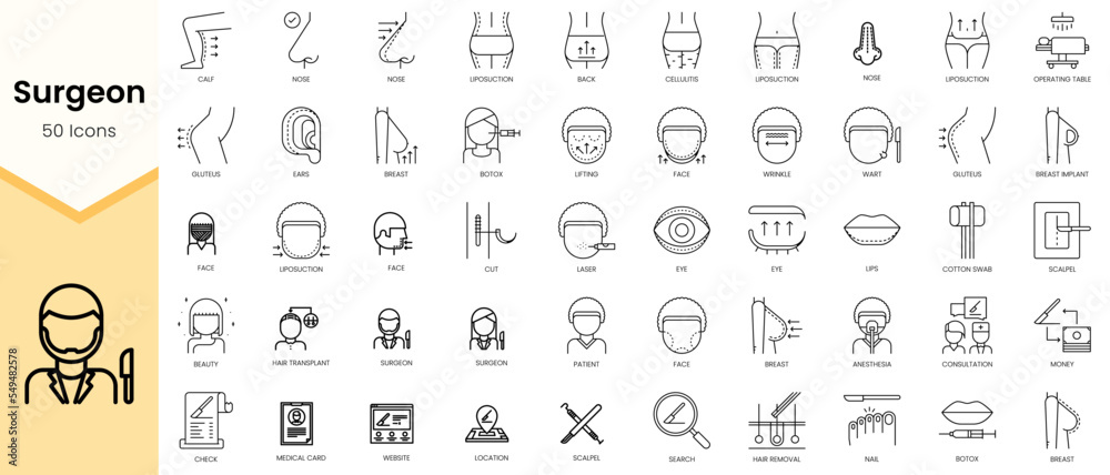 Simple Outline Set of Surgeon icons. Linear style icons pack. Vector illustration
