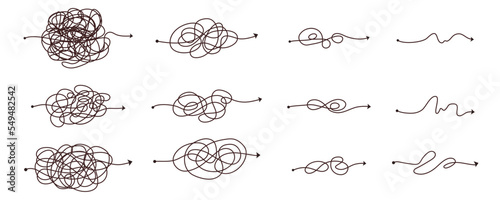 Simple line and complex easy way. Scribble doodle chaos mindset. Problem solving, difficult line. Vector hand drawn concept path