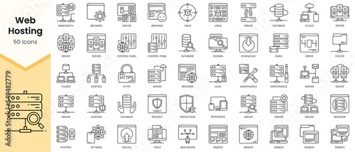 Simple Outline Set of Web Hosting icons. Linear style icons pack. Vector illustration