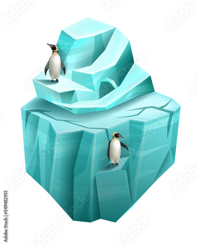 Glacier game island, isometric arctic vector ice land, 3D cartoon iceberg, north flying ground. Penguins, frozen environment scene, cool polar UI surface. Blue crystal winter glacier island concept