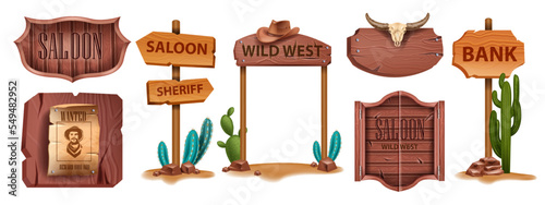 Cowboy wooden sign board, vector western wanted paper banner, cartoon game UI frame set, cactus. Timber saloon vintage door, road arrow rod, old plank shield, desert background. Western board kit