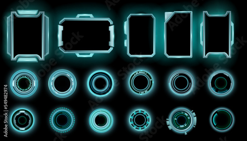 Sfi-fi game frame vector space HUD set, digital cyber overlay border kit, blue neon lights effect. Futuristic rectangle monitor menu, round UI design element, technology dashboard. Game frame screen
