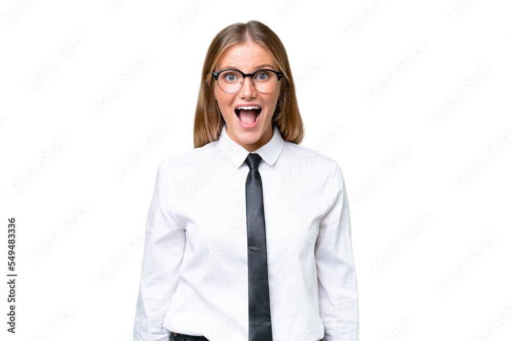 Young business caucasian woman over isolated background with surprise facial expression