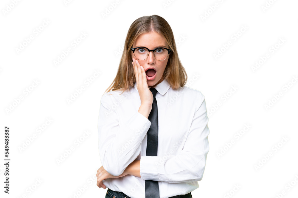 Young business caucasian woman over isolated background surprised and shocked while looking right