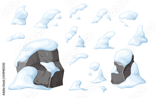 Set of stone and rock in snow. Elements for ui design game. Snowy mountains in cartoon, heap of boulders in winter. Boulders and building material. Ice age in vector illustration