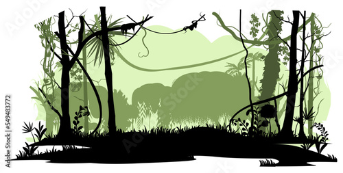 Jungle rainforest. Nature landscape silhouette. Dense tropical thickets. Isolated on white background. Vector.