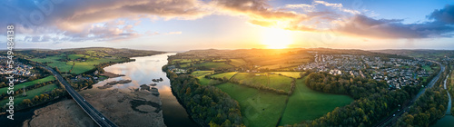 Panorama of Sunrise over Newton Abbot Bridge and River Teign from a drone, Newton Abbot, , Devon, England, Europe photo