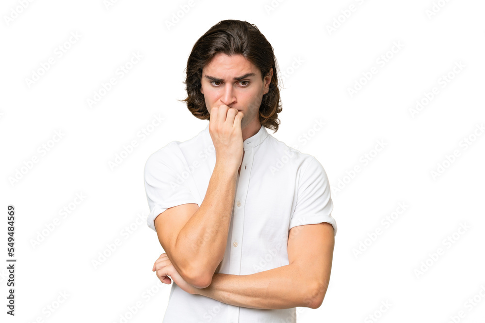 Young caucasian man isolated on green chroma background having doubts Young caucasian man isolated on green chroma background having doubts