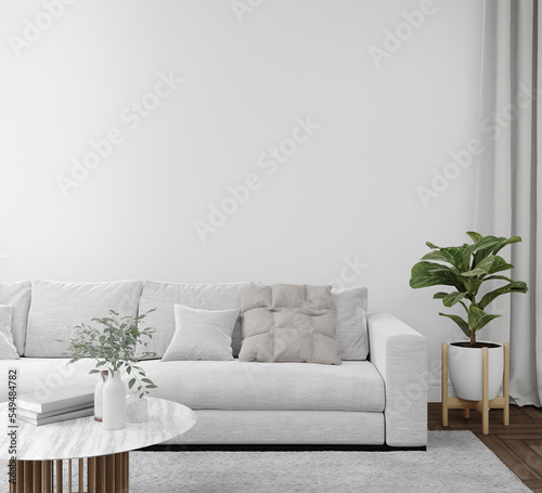 Empty white wall with sofa and carpet on wooden floor. 3d rendering of interior living room