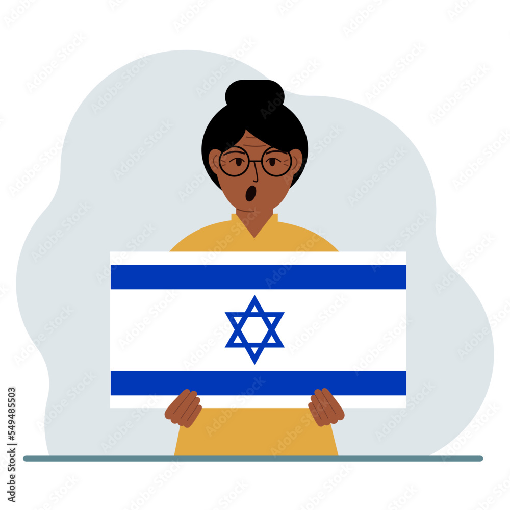A woman holds the flag of Israel in his hands. The concept of demonstration, national holiday or patriotism. Nationality.