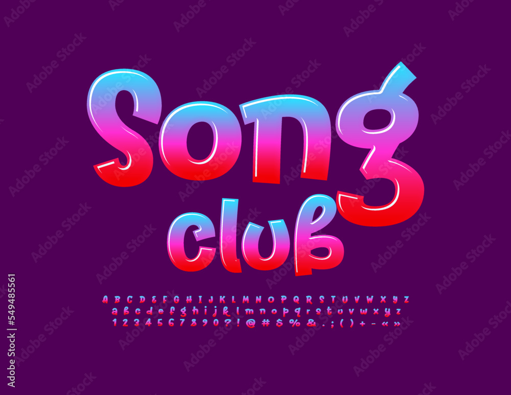 Vector creative logo Song Club. Colorful artistic  Font. Modern funny Alphabet Letters and Numbers set