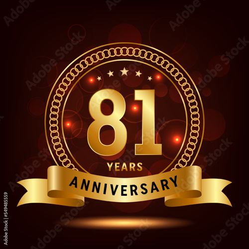 81th Anniversary Logo Design. Golden number 81 with sparkling confetti and ribbon, Vector Template Illustration