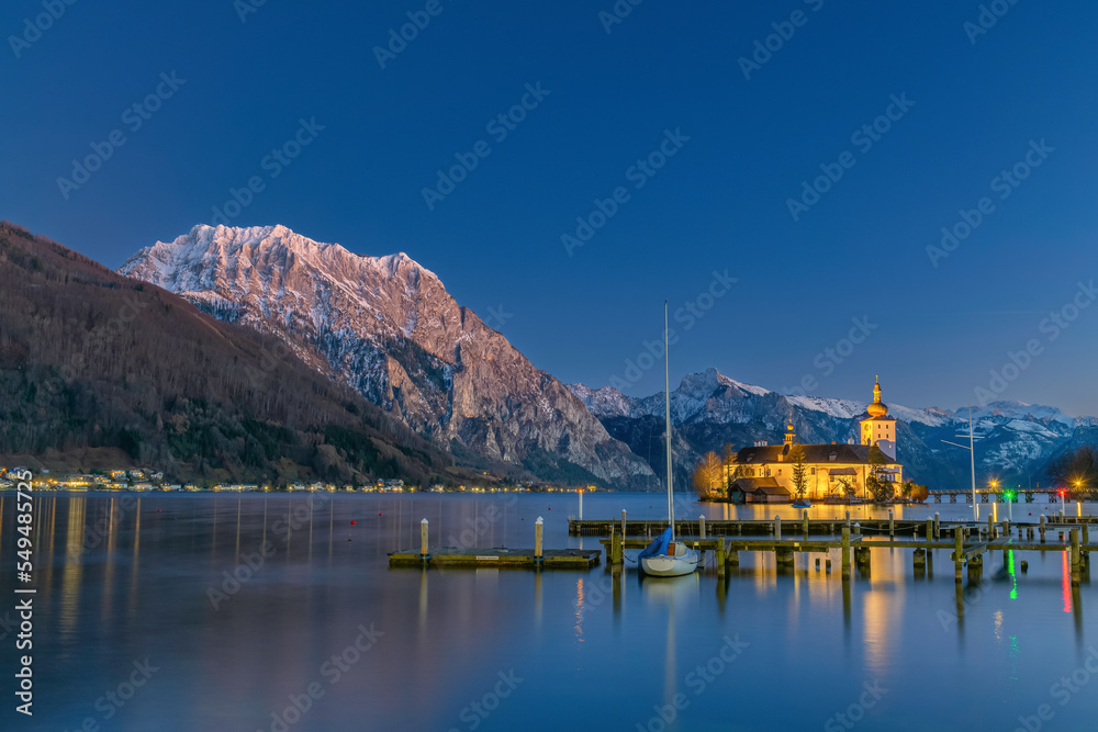 Nightview of Lake Traunsee with Castle Ort or Orth at Gmunden in Salzkammergut, Austria