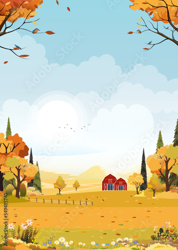 Autumn landscape of farm field with blue sky background,Horizon Fall season in countryside with cloudy sky and Sun, Mountain, grass land in Orange foliage,Vector Vertical banner for Autumnal backdrop